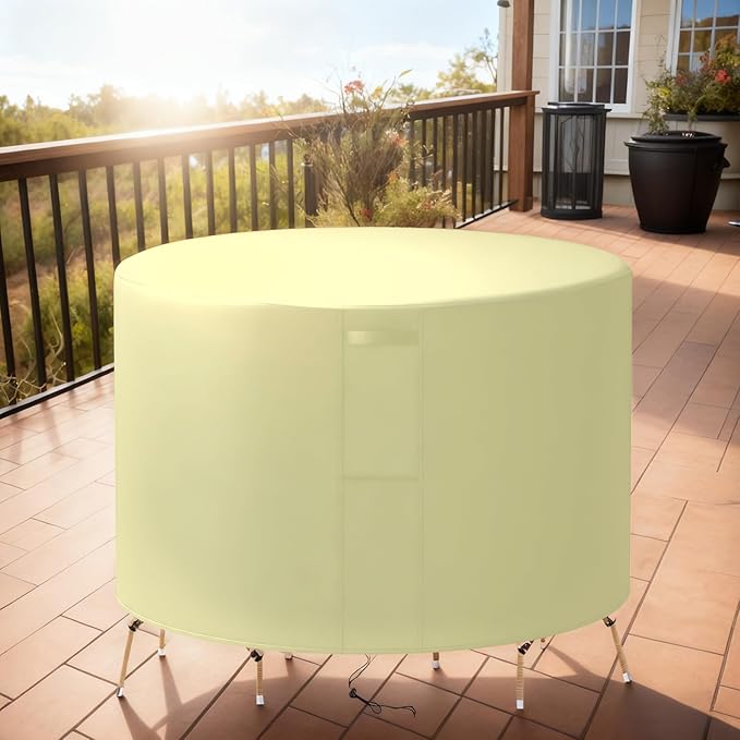 44"(D) x 34"(H) Round Outdoor Furniture Cover, Custom Heavy Duty 420D Waterproof Patio Furniture Cover with Drawstring & Buckles for Table Chair Garden, Cream