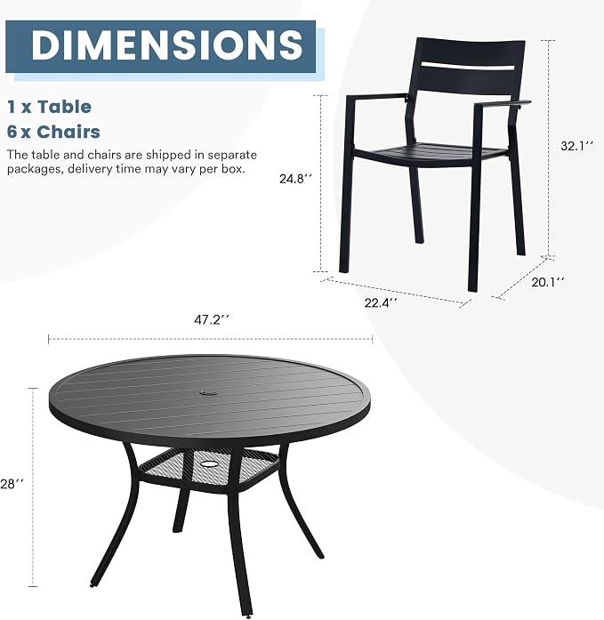 DIFY 7 Piece Outdoor Patio Dining Set for 6, Patio Table and Chairs Set with Umbrella Hole, 47.2" Round Dining Table and Stackable Metal Chairs for Backyard Garden Poolside, Black