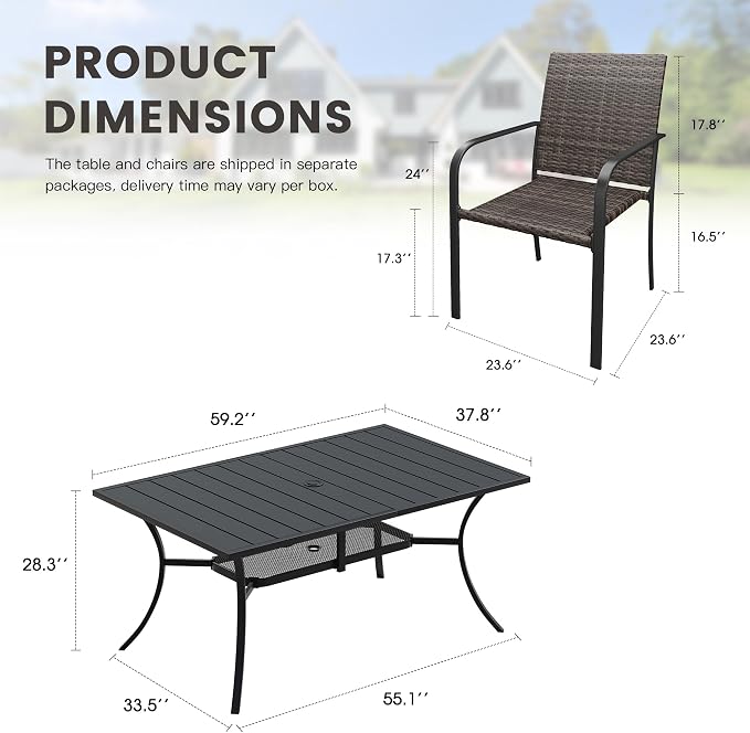 Outdoor Dining Set for 6, 59.2" Metal Rectangular Outdoor Dining Table with Umbrella Hole and Wicker Stackable Patio Chairs, 7 Pieces Patio Table and Chairs Set for Garden Backyard, Black