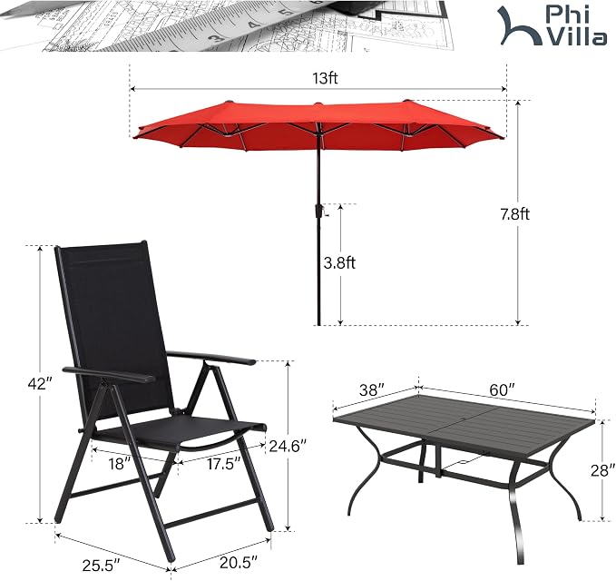 PHI VILLA Patio Dining Set with Orange Red Umbrella, Outdoor Dining Set with Metal Table & Adjustable Folding Chairs for Garden Deck Poolside (No Umbrella Base)