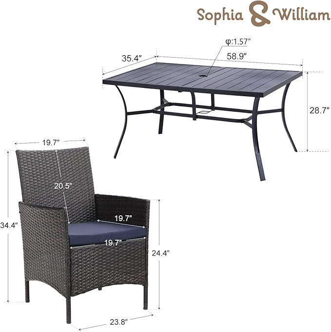 Sophia & William 7 Pieces Patio Dining Set for 6 People, Rectangular Patio Table and Rattan Chairs Set, Metal Outdoor Table and Wicker Chairs Outdoor, 1.57"-1.9" Adjustable Umbrella Hole