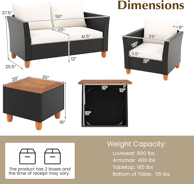 HAPPYGRILL 4 Pieces Wicker Patio Conversation Set, PE Rattan Chair & Ottoman Set with Removable Cushions, Storage Coffee Table, Outdoor Furniture Set for Garden Backyard Poolside (Off White)