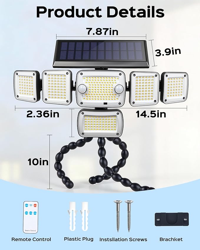 Motion Sensor Outdoor Lights with Flexible Octopus Tripod,6000LM 336LED Security Flood Lights with Remote Control, 360°Wide Angle, 6 Heads Solar Lights Outdoor Waterproof for Yard Patio Garage(2pack)
