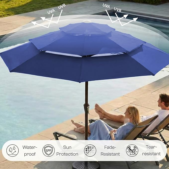 10ft 3-Tier Patio Umbrella with 32 Solar Powered LED Lights, Windproof Outdoor Market Umbrella for Deck, Poolside & Garden, Sturdy Push-Button Tilt Table Umbrella, Navy Blue