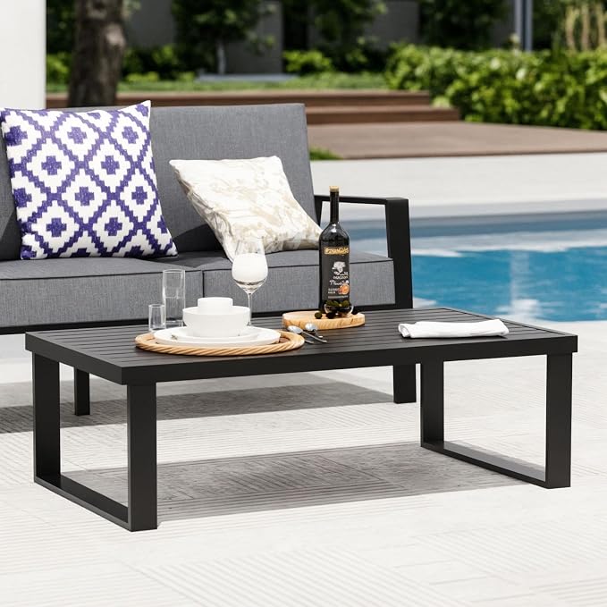 Aluminum Outdoor Patio Coffee Table for Deck, and Poolside (Black, All-Aluminum)