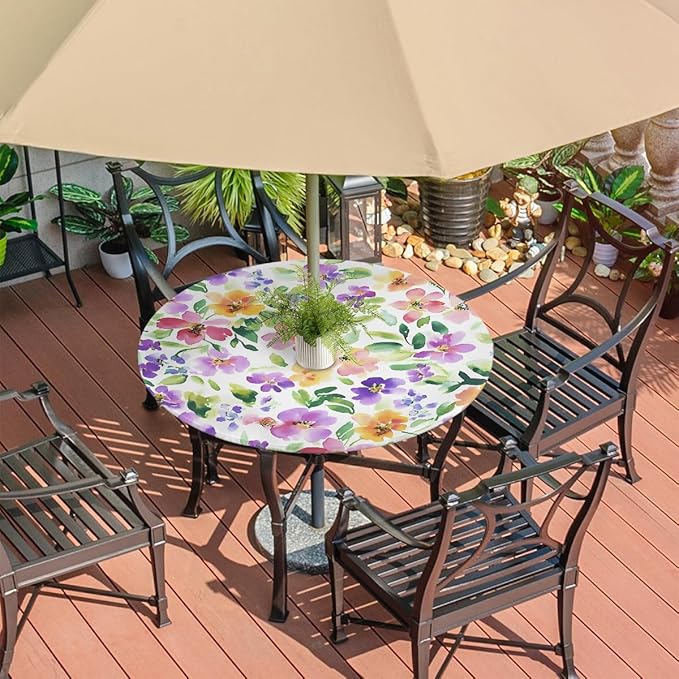 OSAM SPACE Outdoor Tablecloth with Umbrella Hole, Round Elastic Fitted Table Cloth with Invisible Zipper,Watercolor Flowers Picnic Patio Table Cover 36-44in