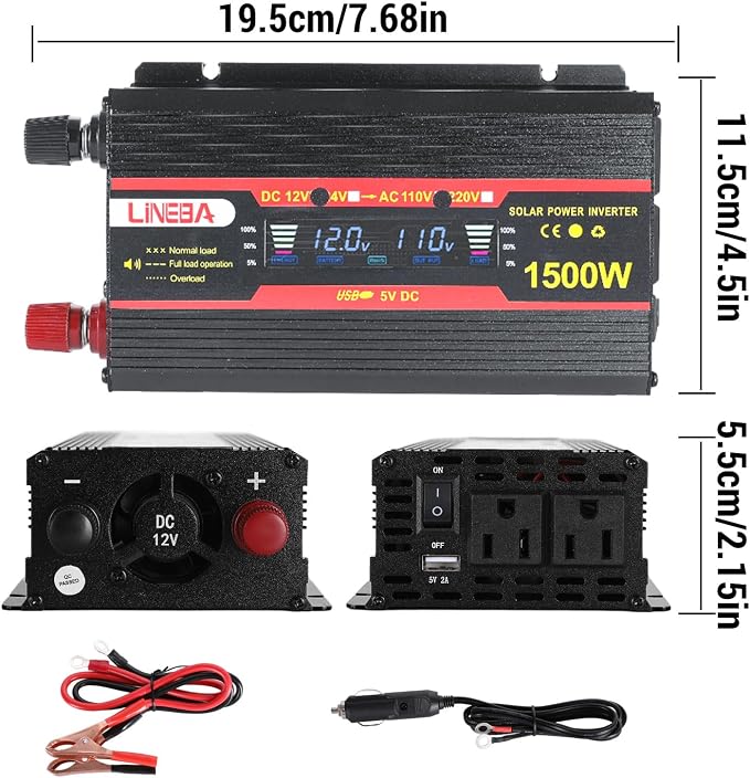 1500 Watt Power Inverter with LED Display,Dual AC Outlets,USB Port, 12V DC to 110V AC Converter Car Power Inverter for Vehicles, Car, RV, Truck, Off Grid Solar System, Outdoor Camping