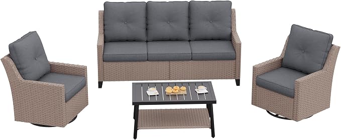 NestNook 4 Piece Patio Furniture Set, Outdoor Rattan Swivel Glider Chairs Set of 2 with 3-Seater Sofa and Coffee Table Wicker Patio Conversation Set for Backyard Balcony & Poolside(Dark Grey)