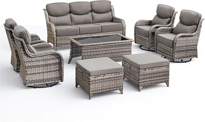 Luxury 8 Pieces Outdoor Patio Furniture Set-All Weather Wicker Swivel Rocker Patio Chairs with 6" Thick Cushion Rattan Sofa Coffee Table, Outdoor Conversation for Garden Porch Backyard(Grey/Grey)