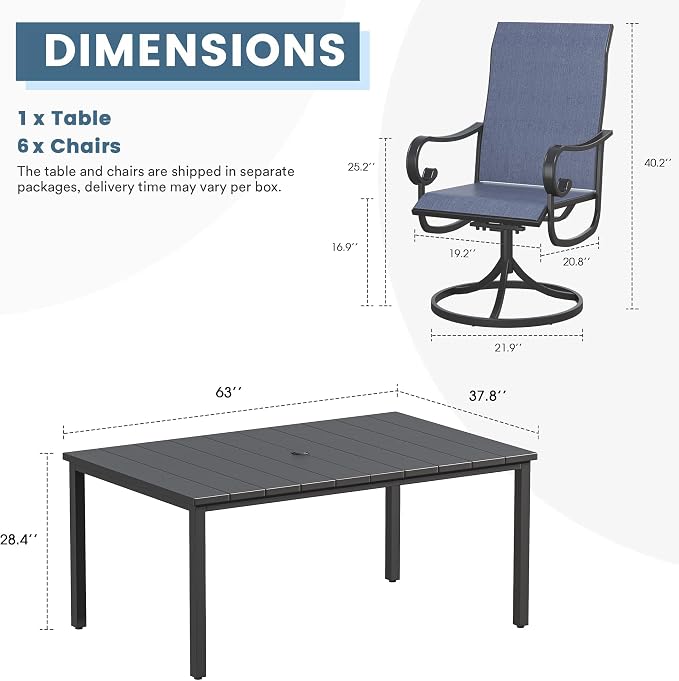 DIFY 7 Pieces Outdoor Patio Dining Set for 6, Swivel Dining Chairs with Blue Textilene and 63" Black Rectangle Metal Dining Table, Outdoor Table and Chairs for Lawn Garden Backyard Deck