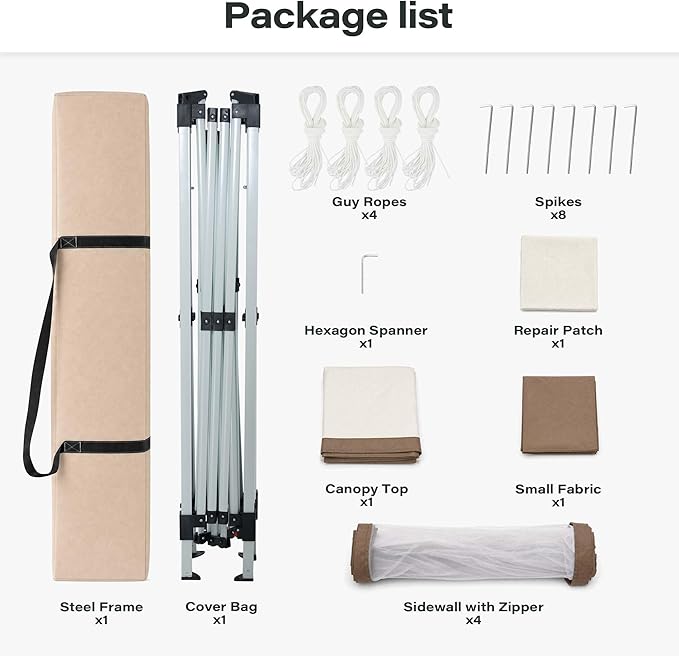 LAUSAINT HOME 11x11 Pop Up Gazebo Canopy Tent with Mosquito Netting, Instant One-Push Setup, Adjustable Height Outdoor Canopy Shelter with Carry Bag for Patio, Backyard, Camping, Parties & BBQs, Khaki