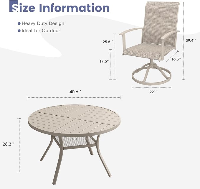 VICLLAX Outdoor Table and Chairs Set for 4, Patio Dining Set of 40.6" Metal Round Patio Table with Umbrella Hole & 4 Swivel Outdoor Dining Chairs for Backyard Lawn, Sandshell