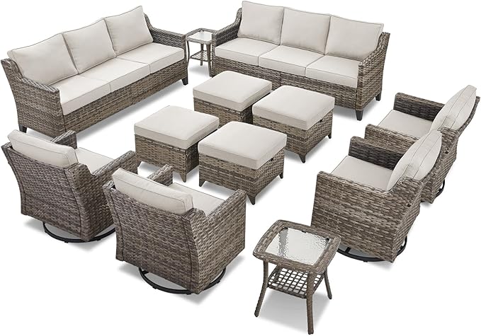12 Piece Patio Furniture Set-High Back Outdoor Furniture Set Sectional Sofa with Wicker Swivel Patio Chairs,Comfy Cushions Ottomans for Porch Balcony Patio Deck Grey/Beige