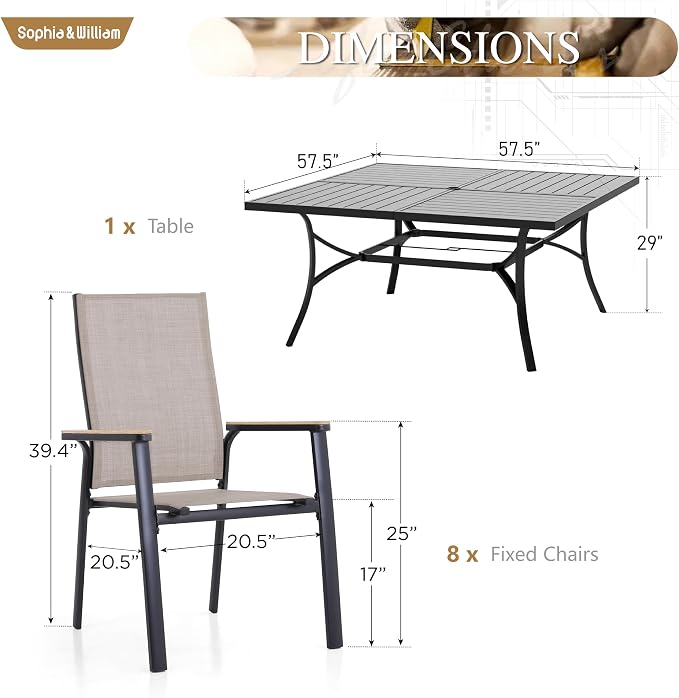 Sophia & William Patio Dining Set for 8, Square Table & Aluminum Chairs | Metal table, Beige Stackable Chairs, Breathable & quick-drying, Light-weight & space-saving, Umbrella Hole, Outdoor