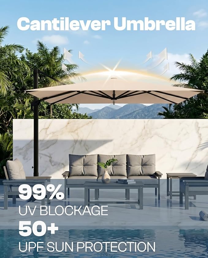 8' X 8' Patio Umbrella, Cantilever Umbrella with 360°Rotation, Offset Patio Umbrella with Easy Tilt & Fade Resistance for Pool Deck Garden Backyard, Beige (Base not Included)