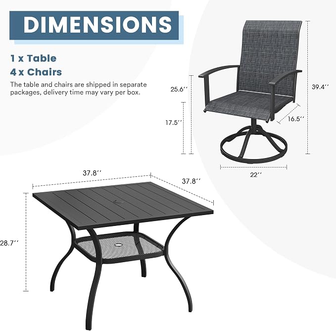 DIFY 5 Pieces Outdoor Dining Set, Metal Patio Table and Chairs Set for 4 with Umbrella Hole, 37.8" Black Square Table and Dark Grey Textilene Swivel Patio Chairs for Garden, Backyard, Poolside