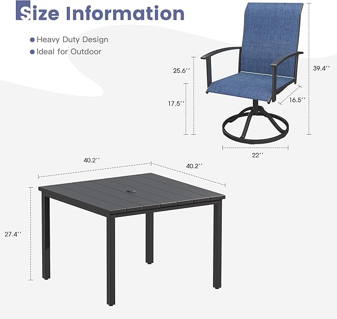 VICLLAX 5 Pieces Patio Dining Set, Patio Furniture Set of Metal Outdoor Table with Umbrella Hole and 4 Swivel Patio Chairs for Backyard Lawn, Dark Blue & Black