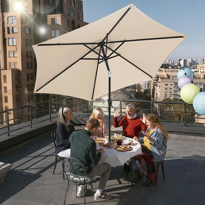 FLAME&SHADE 10ft Patio Umbrella - Outdoor Umbrella with 6 Sturdy Ribs, Push Button Tilt and Crank, UV Protection Table Market Umbrella for Pool, Porch, Garden, Deck, Backyard (Beige)