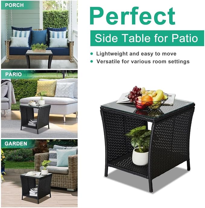 Outdoor Patio Wicker End Table Square Side Bistro Coffee Table with Glass Top Storage Shelf for Garden Lawn Backyard Black