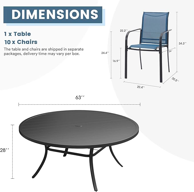 DIFY Patio Dining Set for 10, 11 Piece Outdoor Table and Chairs Set, 63" Black Round Metal Patio Dining Table and Blue Textilene Stackable Patio Chairs, for Backyard Garden Poolside