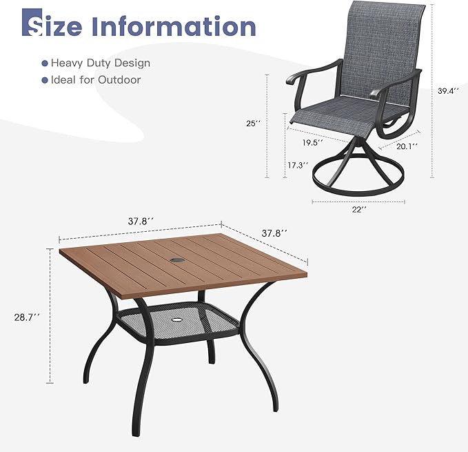 VICLLAX 5 Pieces Patio Dining Set, Patio Furniture Set of 4 Patio Swivel Dining Chairs and Square Patio Table with Storage Shelf, Dark Charcoal Chairs & Walnut Tabletop