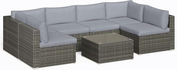 Wisteria Lane 7 Piece Outdoor Patio Furniture Set, All Weather Wicker Rattan Sectional Sofa Conversation Set with Cushions & Glass Coffee Table, Ideal for Garden Backyard Porch Balcony, Light Grey