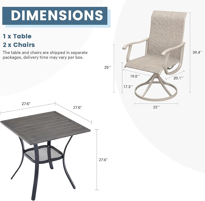 DIFY 3 Pieces Outdoor Patio Dining Set for 2, 27.6" Small Square Metal Dining Table and 2 Sandshell Textilene Swivel Dining Chairs, Outdoor Table and Chairs