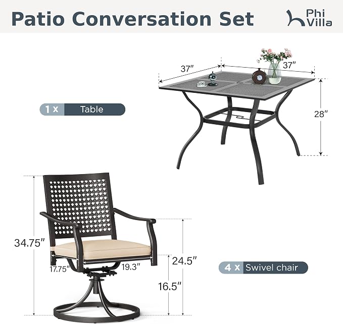 PHI VILLA 5 Pieces Outdoor Dining Set for 4, 37" Square Mesh-top Metal Table & Swivel Chairs with Cushions, Heavy-Duty Iron Furniture Set for Patio, Deck, Backyard, Porch