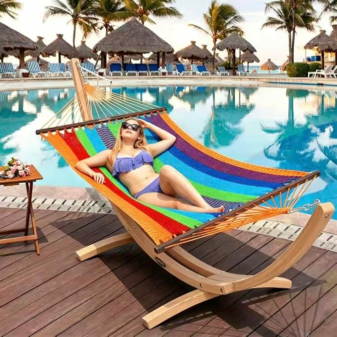 Lazy Daze Hammocks 2 Person Caribbean Rope Hammock with Wood Stand, 10.5FT Polyester Hammock with Spreader Bars, 13FT Heavy Duty Stand Combo, 450 LBS Capacity for Outdoor Backyard Poolside, Multicolor