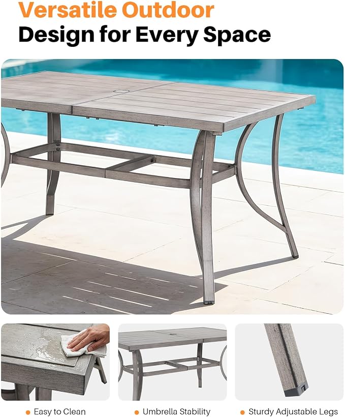 Aluminum Patio Dining Table for 6, Never Rusts Outdoor Rectangle Dining Table with Umbrella Hole, Rustproof 6 Person Outdoor Dining Tables for Backyard, Deck, Garden, Poolside, Porch