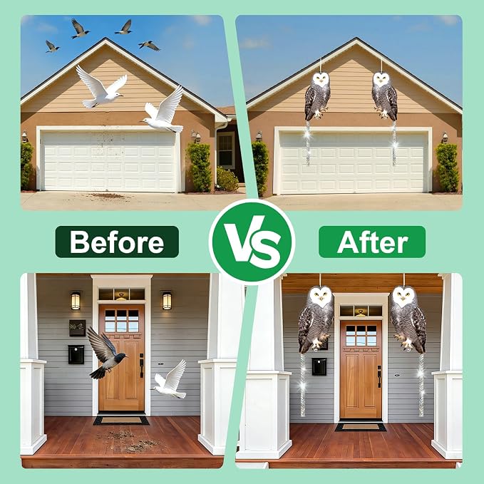 Owls to Keep Birds Away: 2Pcs Fake Owl with Reflective Tape for Orchard Garden Patio Pool, Reflective Hanging Decoration to Keep Birds Pigeon from Windows Tree Vineyard