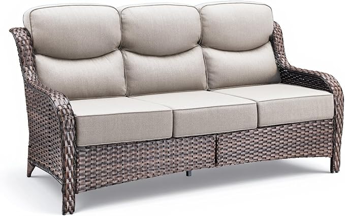 Luxury Outdoor Patio Furniture Set-Wicker High Backrest 3-Seat Patio Sofa with Comfy 6" Cushion, Rattan Couch with Deep Seat All-Weather Patio Conversation Set for Deck Backyard Garden(Brown/Beige)