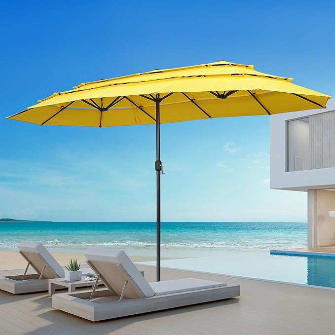 Ainfox 15ft Large Patio Umbrella, Outdoor Double-Sided Pool Umbrellas, 3 Tiers Large Rectangle Market Umbrella for Poolside