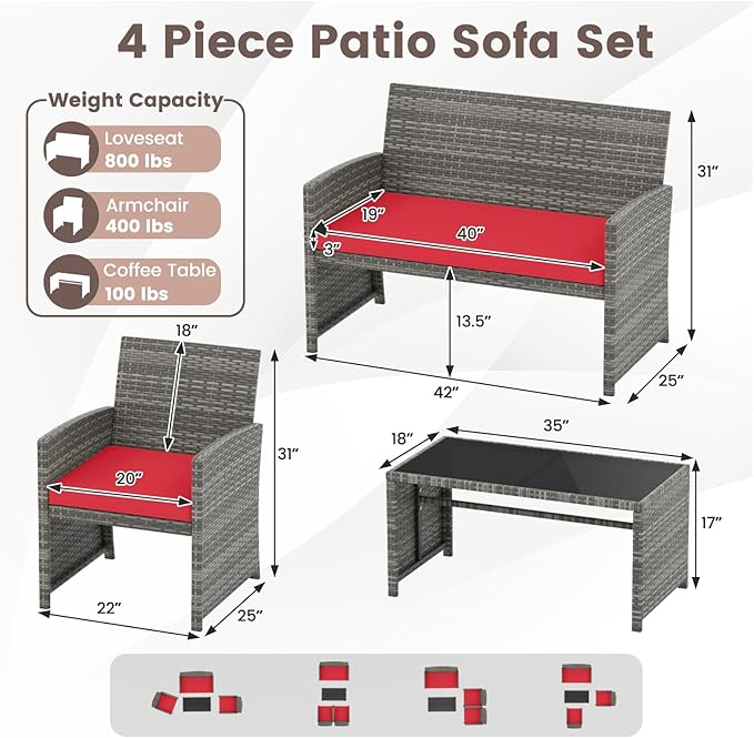 HAPPYGRILL 4 Piece Rattan Wicker Patio Conversation Set, Outdoor Furniture with Chair Loveseat Table & Cushion, for Backyard Porch Balcony (1, Red)
