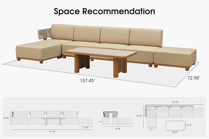 PURPLE LEAF Patio Furniture Set Modular L-Shaped Outdoor Sectional Sofa with 11" Thick Cushion 7-Piece Outdoor Conversation Set w/Ottomans & Coffee Lights for Backyard Poolside Table Included, Beige