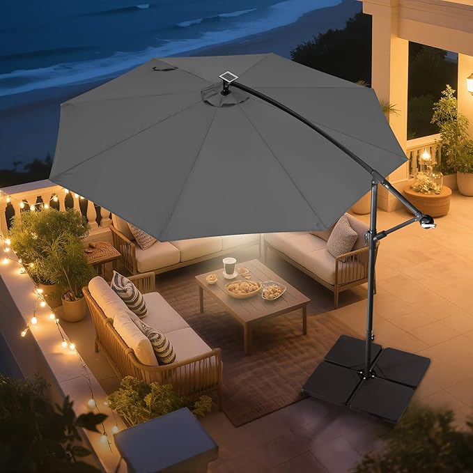 Solar Offset Patio Umbrella - 10 FT Solar Cantilever Umbrella Outdoor with 40 LED Lights and Cross Base, UV Protection for Garden, Deck, Backyard, Pool, Porch, Anthracite
