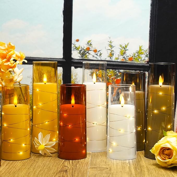 Nimiko Flickering Flameless LED Candles,Battery Operated Candles 9 Pcs with Embedded Star String,Acrylic LED Pillar Candles with Remote,Suitable for Home Decoration to Create an Atmosphere(Gold)