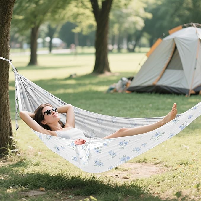 Camping Hammock Outdoor Hammocks for Outside Blue Small Floral Beach Trees Portable Lightweight with Pockets Tree Straps Indoor
