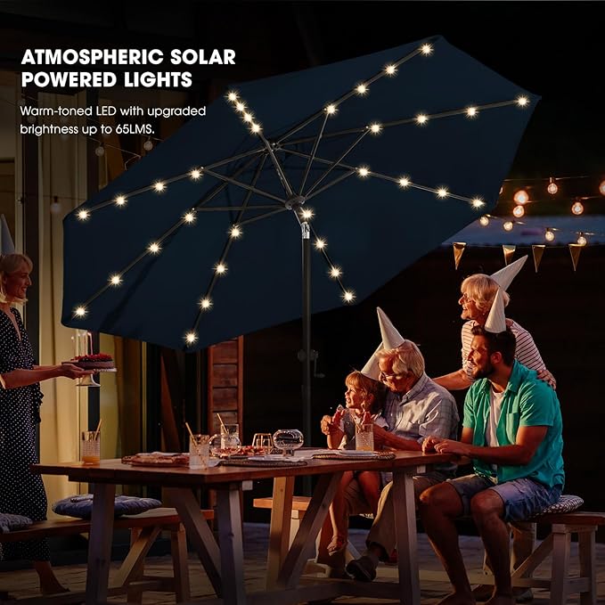 wikiwiki 10FT Solar Led Patio Umbrella with Base Included, 32 LED Lights, 8 Sturdy Ribs, Fade Resistant Waterproof POLYESTER DTY Canopy for Garden, Lawn, Deck, Backyard & Pool, Navy Blue