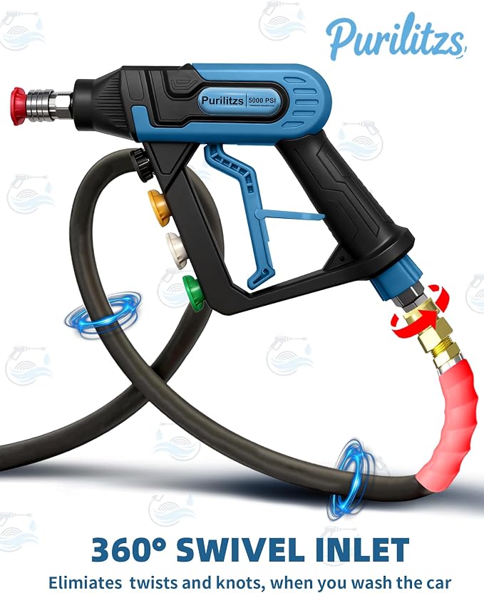 5000PSI Pressure Washer Gun 3/8'' Swivel Plug with Extension Wand, M22 Coupler & 5 Nozzle Tips, 40 inch, Power Washer Gun for Car Detailing Yard House Cleaning