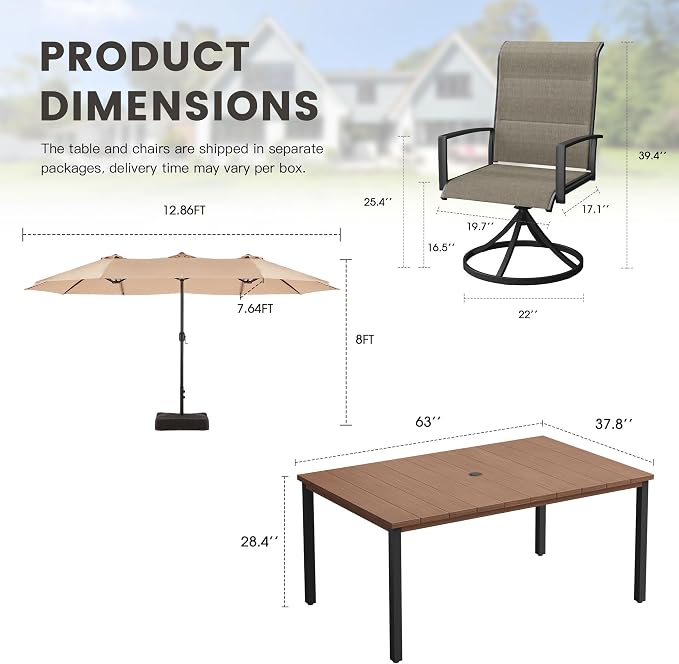 Outdoor Dining Set for 6, 8 Pieces Patio Table and Chairs Set with Umbrella, 63" Outdoor Dining Table and Padded Textilene Patio Swivel Chairs for Garden Backyard, Mixed Brown and Walnut