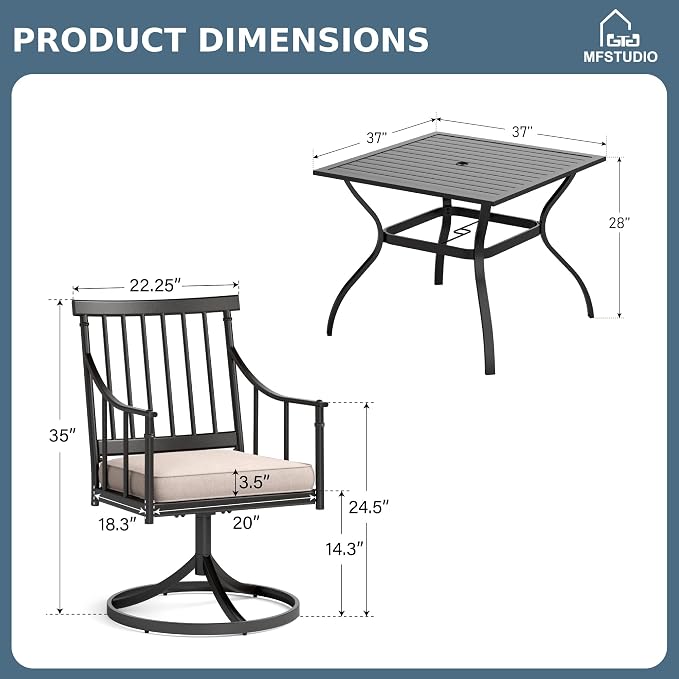 MFSTUDIO 5-Piece Patio Dining Set, 4 Swivel Metal Cushioned Chairs | 37" Square Metal Table, Umbrella Hole