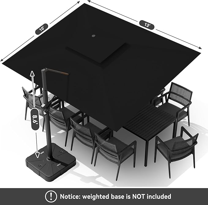 10 X 13 FT Cantilever Outdoor Patio Umbrella with Base Included Large Heavy Duty 360° Rotation Double Top Offset Rectangular Umbrellas with LED Lights for Backyard Outside Deck, Black