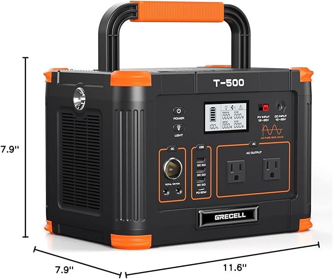 Portable Power Station 500W(Peak 1000W), 519.48Wh Outdoor Solar Generator Backup Battery Pack with 2 AC Outlets, 500W 10-Port Powerhouse for RV/Van Camping Fishing Climbing Road Trip Home Emergency