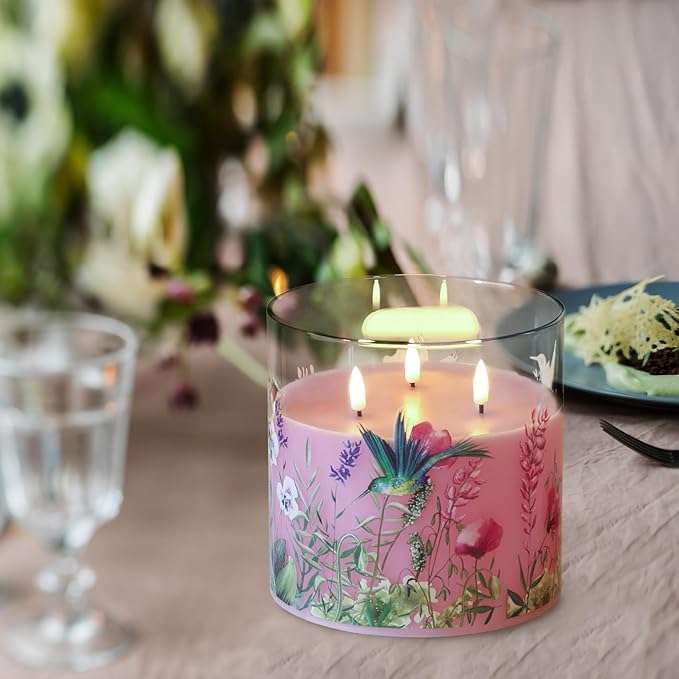 Eywamage 3 Wick Flameless Candle with Remote, Pink Hummingbird Floral Glass LED Candle, Large Battery Pillar Candle Φ 6" H 6"