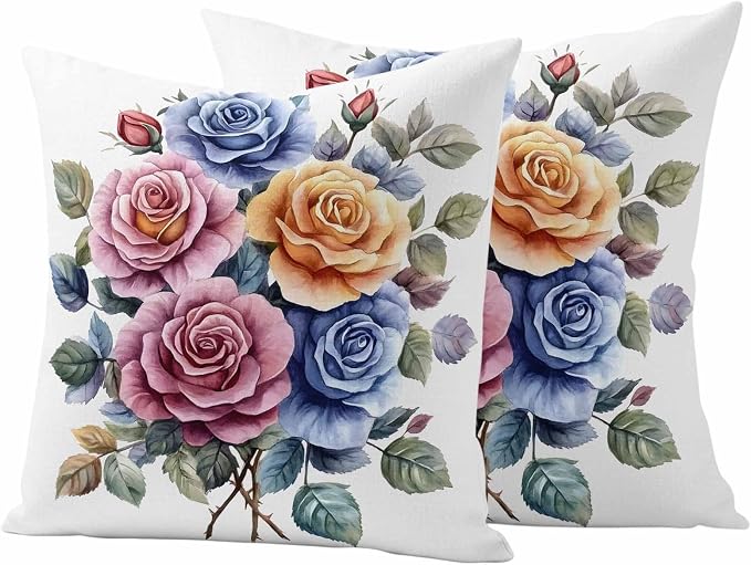 Spring Rose Outdoor Waterproof Throw Pillow Covers Set of 2, 20"x20", Botanical Watercolor Pink Orange Blue Flower Leaf Decorative Pillow Covers Outside Cushion Case for Patio Porch Garden
