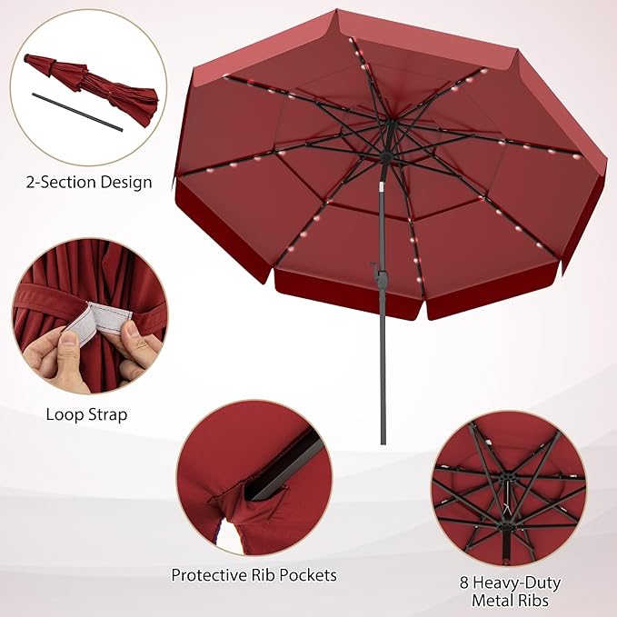Tangkula 10 FT Solar LED Patio Umbrella, 3-Tiers Scalloped Outdoor Table Market Umbrella with 32 LED Lights, Tilt Adjustment, Crank, 8 Sturdy Ribs for Pool, Deck, Backyard (Burgundy)