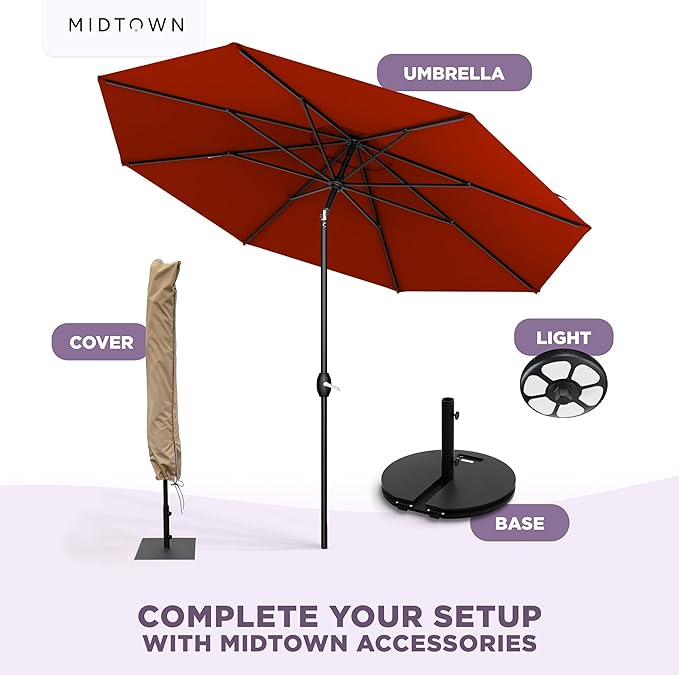 Midtown Umbrellas - 10-Year-No-Fade 10 Ft Patio Umbrella with Terylast Fabric, Auto-Tilt Aluminum Frame and 8 Reinforced Ribs for Deck, Pool, Garden & Beach - Apple Red Canopy, Black Pole