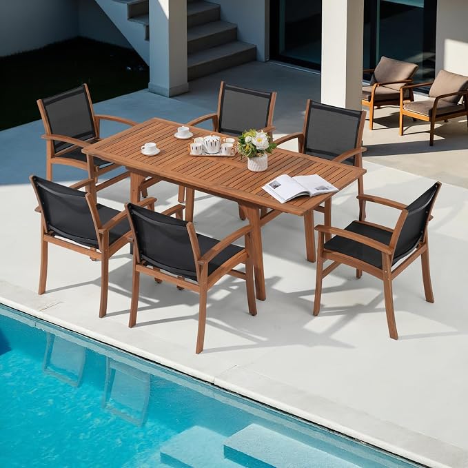 OC Orange-Casual Patio Furniture Set, Acacia Wood Patio Dining Set for 6-8, Outdoor Expandable Table and Chairs Set with Umbrella Hole and Breathable Textilene Fabric for Garden (Black, 7 Pieces)