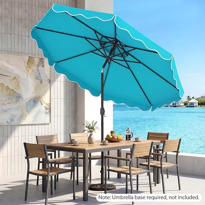 Happygrill 10 FT Patio Umbrella, Scalloped Outdoor Table Market Umbrella with Push Button Tilt & Crank, 2-Tier Vented Top, Heavy-Duty 8 Metal Ribs, Sun-Protective Canopy, Ruffle for Deck Pool Garden (Turquoise)